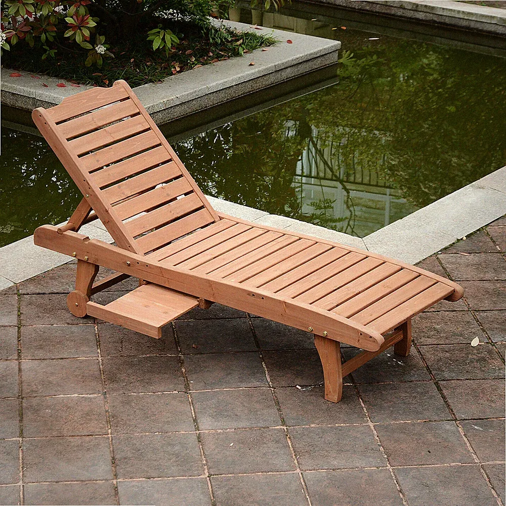 Chaise Lounge Chair Outdoor Wooden Pool Sun Tanning Chair for Beach Poolside