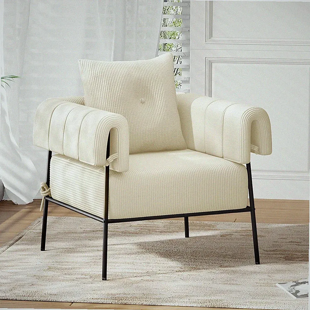 Comfy Modern Accent Chair with Pillow - Beige Upholstered Lounge Armchair