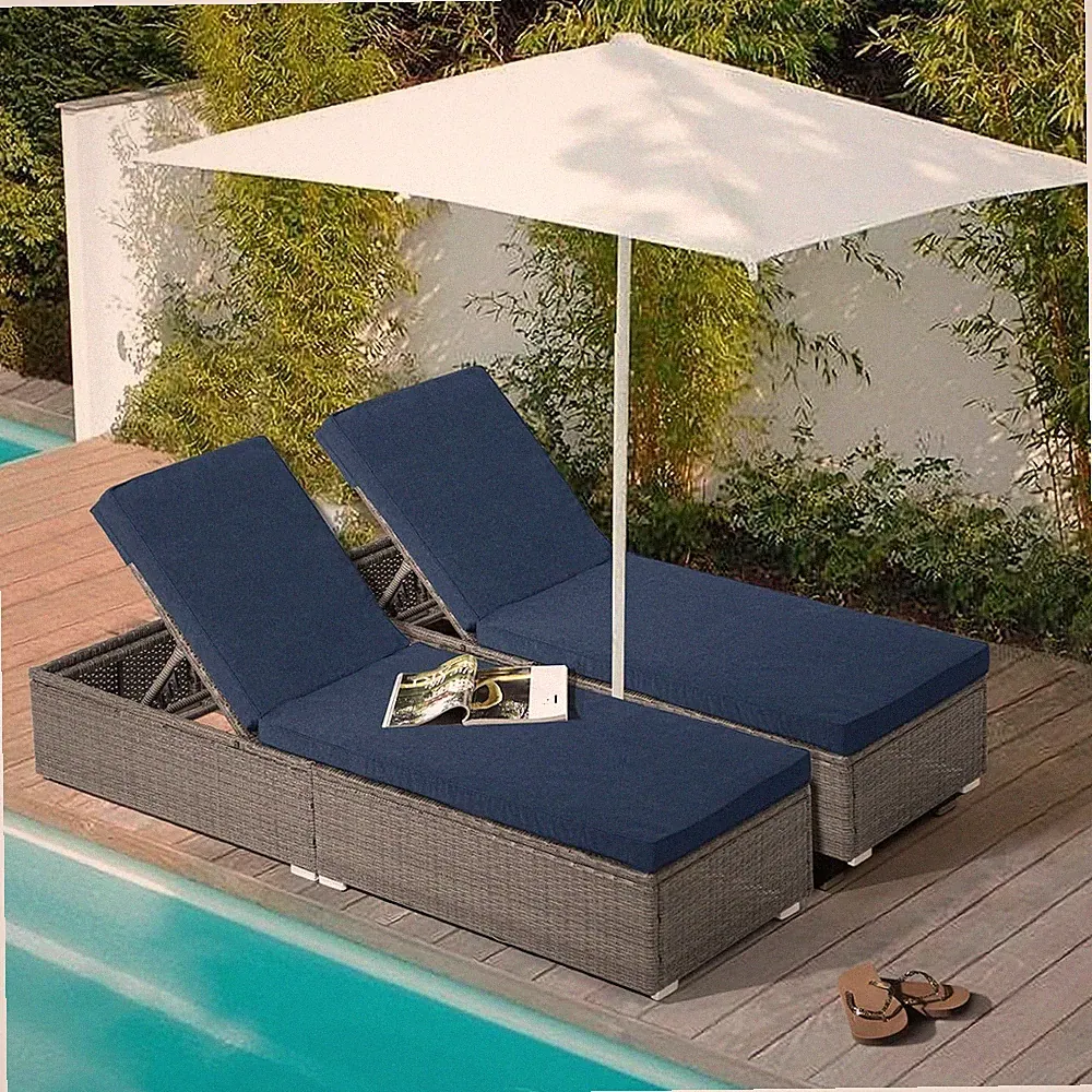 Gray Rattan Chaise Lounge Chairs, 250lb Capacity, Removable Cushions, outdoor