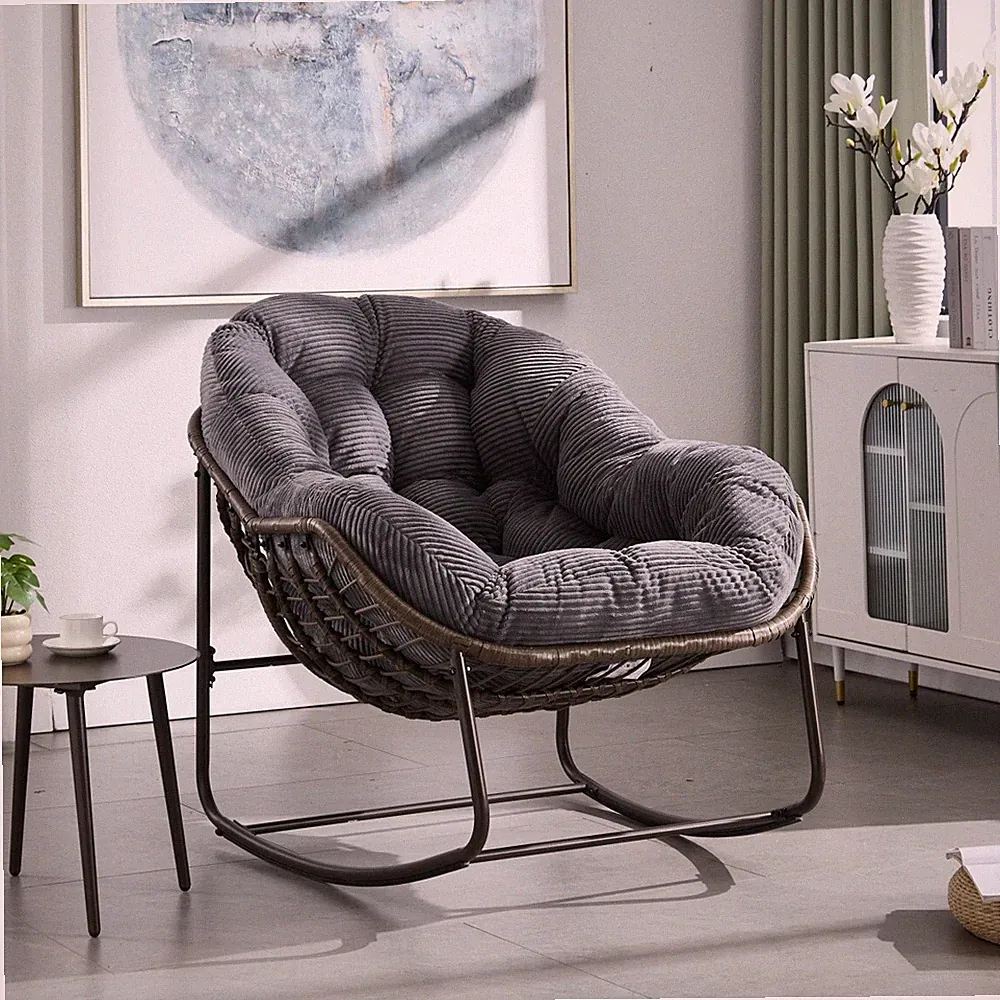 Outdoor Rattan Rocking Chair Padded Cushion Rocker Recliner Chair Outdoor Grey