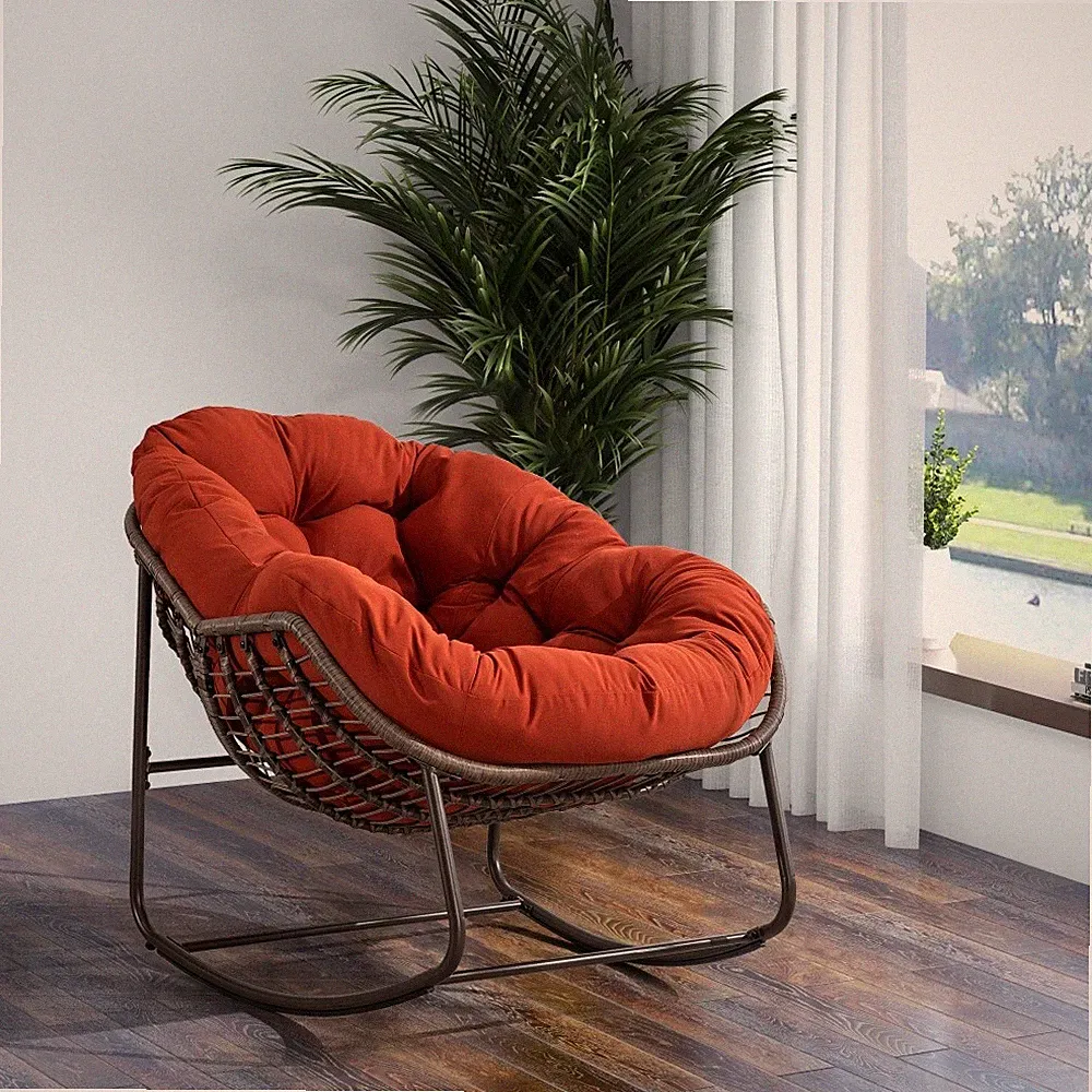 Outdoor Rattan Rocking Chair Padded Cushion Rocker Recliner Chair Outdoor Orange