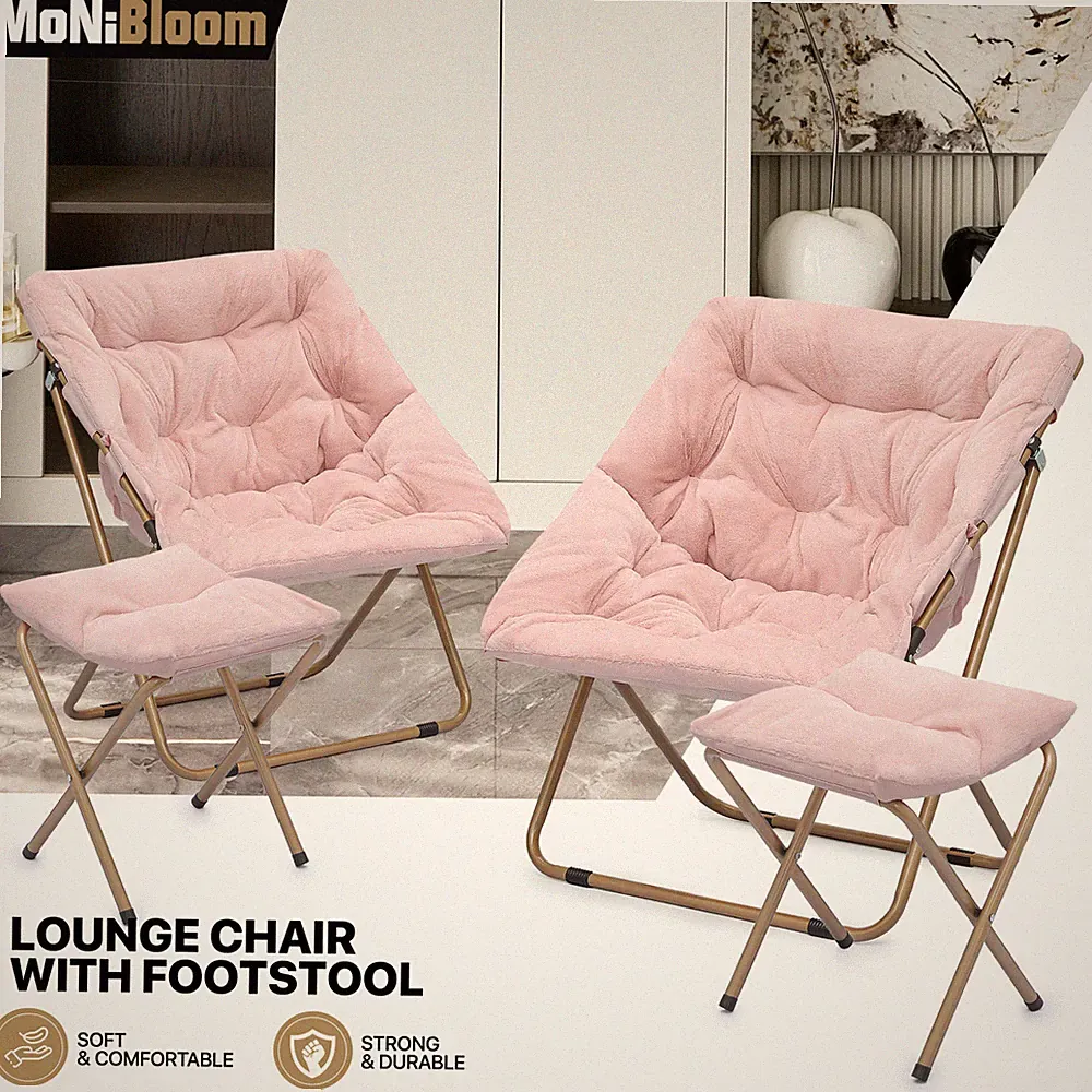 Pink 2 Pcs Folding Faux Fur Moon Saucer Chair Metal Frame Lounge Chair w/Ottoman