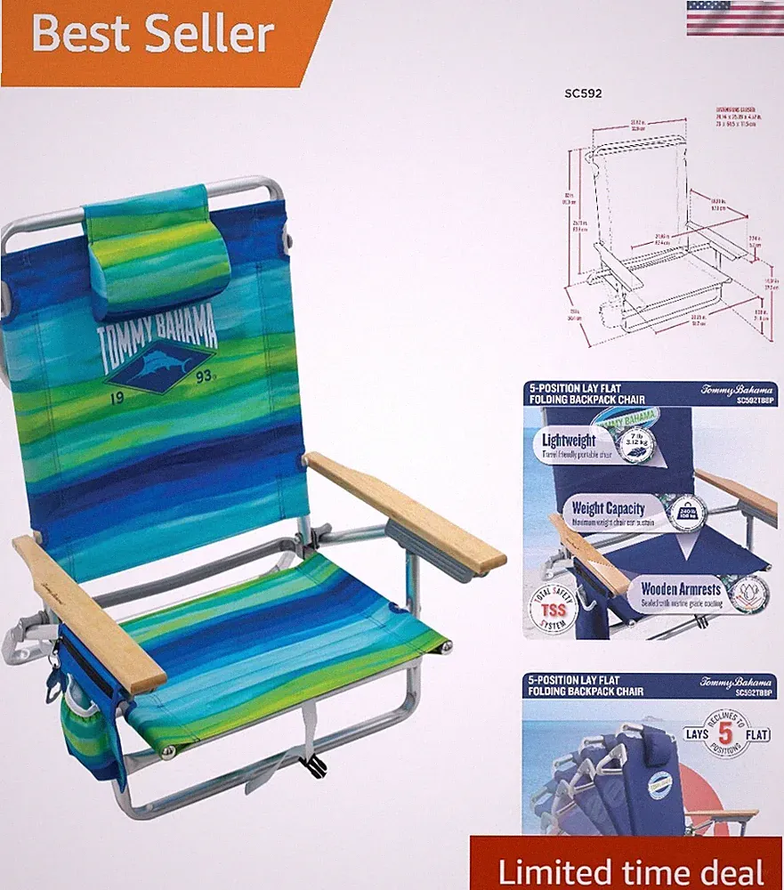 Versatile Lay Flat Beach Chair with Insulated Cooler, 5 Positions & Towel Bar